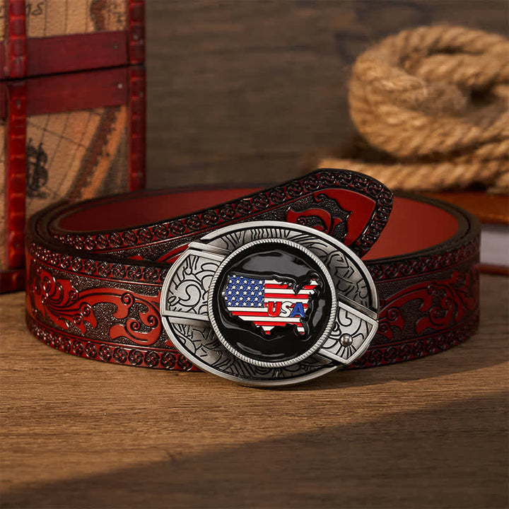 Ceinture en cuir avec boucle de couteau pliant dissimulé, motif drapeau et carte des États-Unis, fierté américaine - Drapeau des États-Unis - Ceinture sculptée marron - 42 - image 6