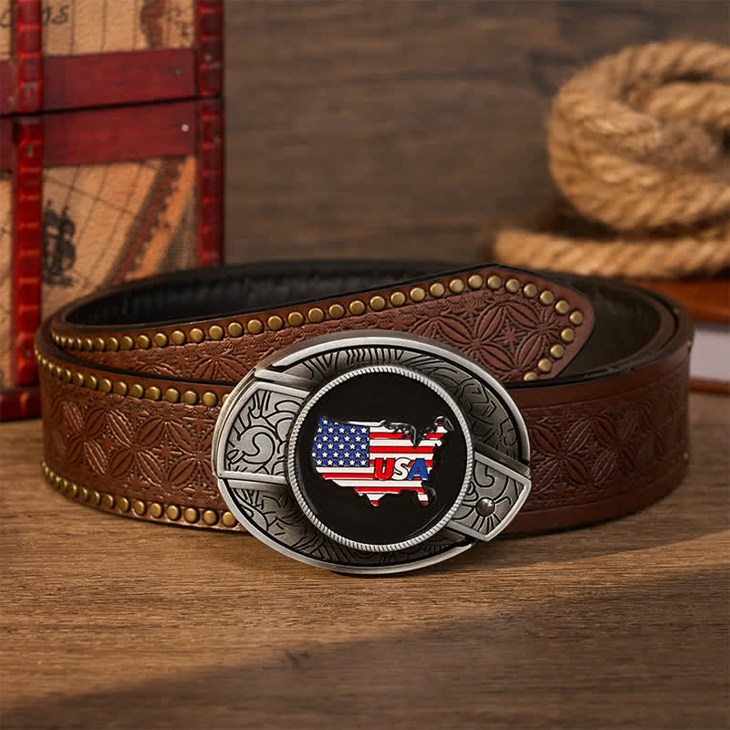 Ceinture en cuir avec boucle de couteau pliant dissimulé, motif drapeau et carte des États-Unis, fierté américaine - Drapeau des États-Unis - Ceinture à rivets marron - 42 - image 4