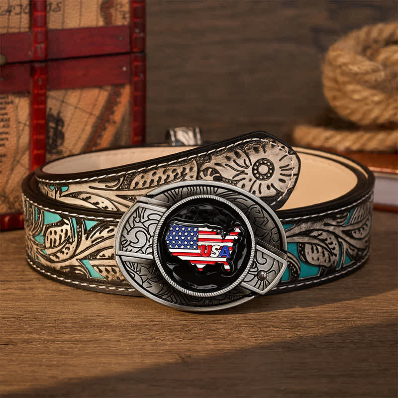Ceinture en cuir avec boucle de couteau pliant dissimulé, motif drapeau et carte des États-Unis, fierté américaine - Drapeau des États-Unis - Ceinture à fleurs grises - 42 - image 8