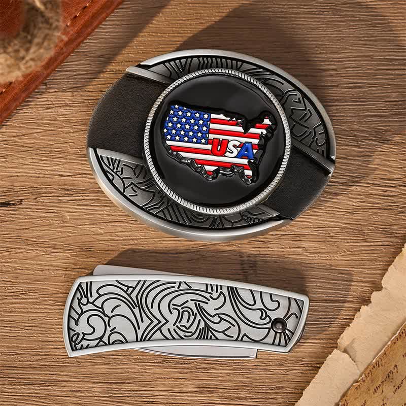 Ceinture en cuir avec boucle de couteau pliant dissimulé, motif drapeau et carte des États-Unis, fierté américaine - image 9