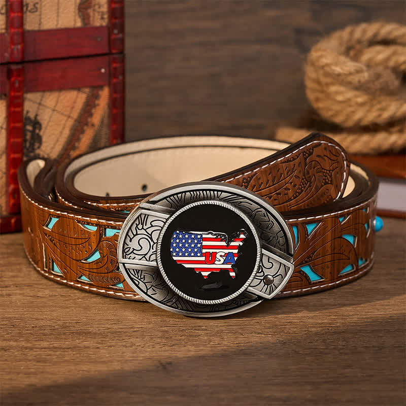 Ceinture en cuir avec boucle de couteau pliant dissimulé, motif drapeau et carte des États-Unis, fierté américaine - Drapeau des États-Unis - Ceinture turquoise sculptée - 42 - image 3