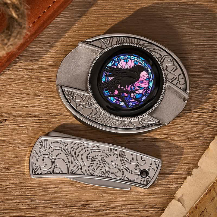 Boucle de couteau pliant caché Midnight Raven's Window, ceinture en cuir - image 10