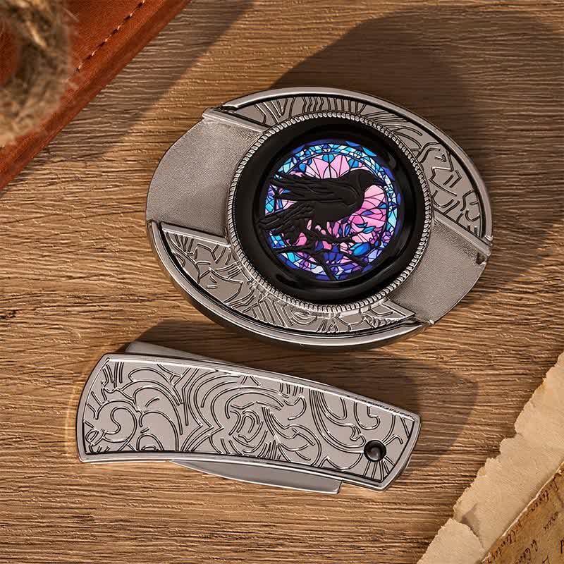 Boucle de couteau pliant caché Midnight Raven's Window, ceinture en cuir - image 10