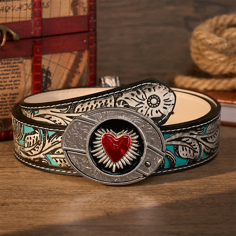 Ceinture en cuir avec boucle de couteau pliant dissimulé DIY en forme de cœur rouge flamboyant - Sacré-Cœur Rouge - Ceinture à fleurs grises - 42 - image 8