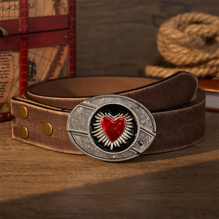 Ceinture en cuir avec boucle de couteau pliant dissimulé DIY en forme de cœur rouge flamboyant - Sacré-Cœur Rouge - Ceinture marron vieillie - 42 - image 5
