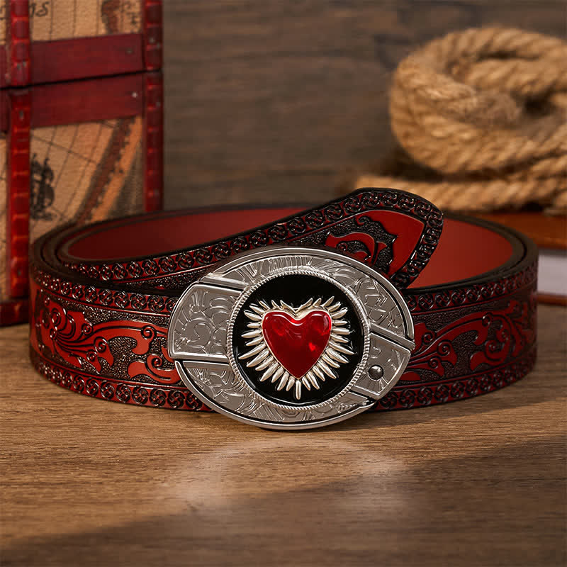 Ceinture en cuir avec boucle de couteau pliant dissimulé DIY en forme de cœur rouge flamboyant - Sacré-Cœur Rouge - Ceinture sculptée marron - 42 - image 6