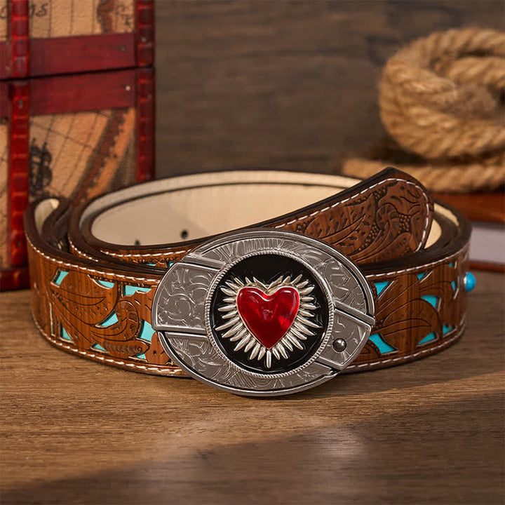 Ceinture en cuir avec boucle de couteau pliant dissimulé DIY en forme de cœur rouge flamboyant - Sacré-Cœur Rouge - Ceinture turquoise sculptée - 42 - image 3