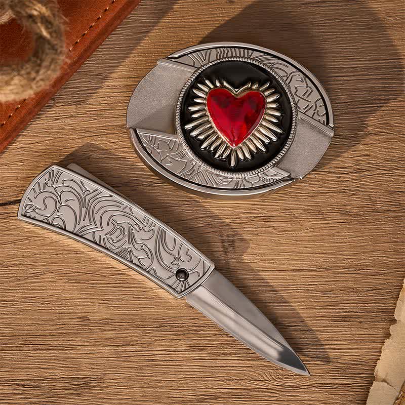 Ceinture en cuir avec boucle de couteau pliant dissimulé DIY en forme de cœur rouge flamboyant - image 1