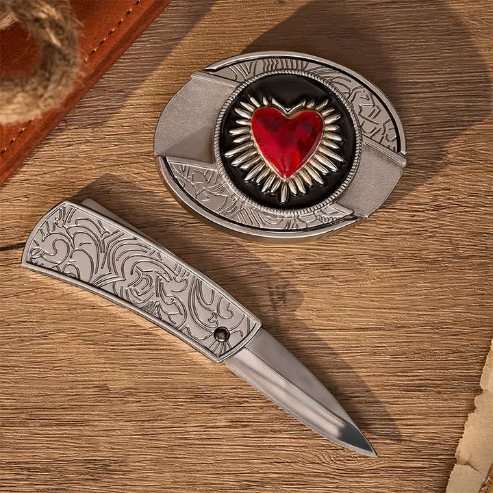 Ceinture en cuir avec boucle de couteau pliant dissimulé DIY en forme de cœur rouge flamboyant - image 1