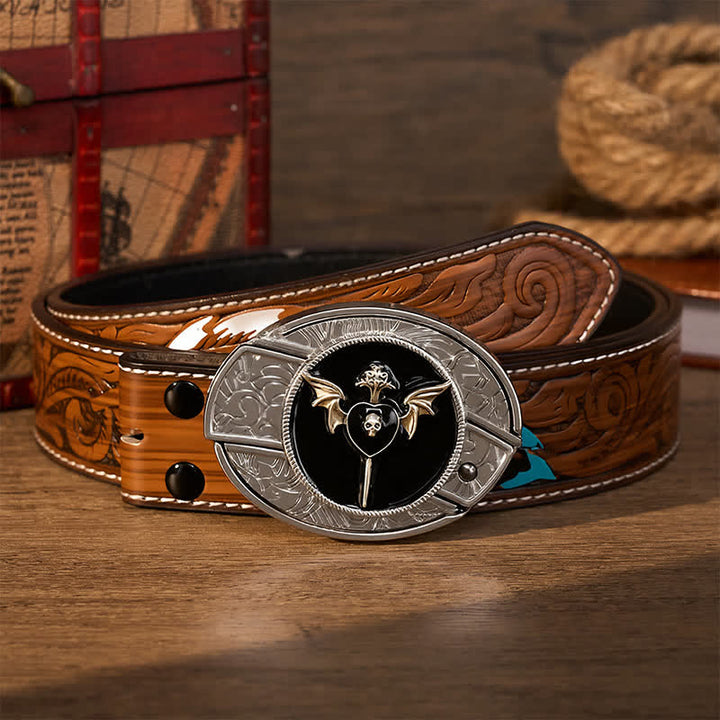 Ceinture en cuir avec boucle de couteau pliant caché à motif de crâne et d'aile de chauve-souris, d'amour sombre et de crâne, à faire soi-même - Amour sombre - Ceinture de plumes brunes - 40 - image 7
