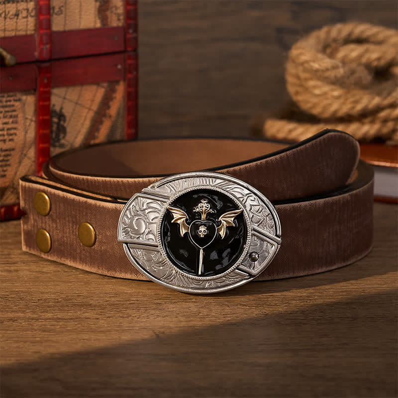Ceinture en cuir avec boucle de couteau pliant caché à motif de crâne et d'aile de chauve-souris, d'amour sombre et de crâne, à faire soi-même - Amour sombre - Ceinture marron vieillie - 42 - image 5