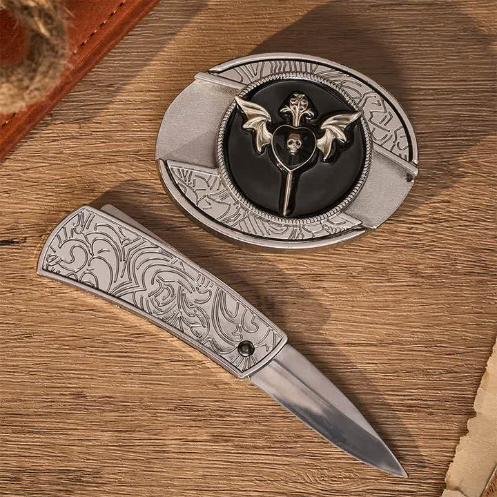 Ceinture en cuir avec boucle de couteau pliant caché à motif de crâne et d'aile de chauve-souris, d'amour sombre et de crâne, à faire soi-même - image 1