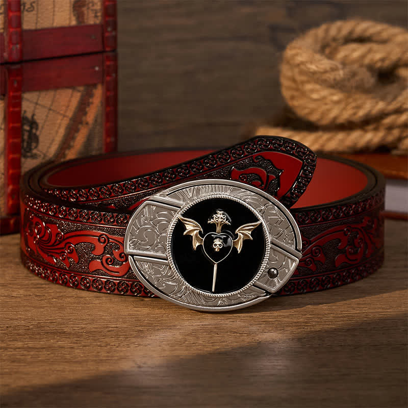 Ceinture en cuir avec boucle de couteau pliant caché à motif de crâne et d'aile de chauve-souris, d'amour sombre et de crâne, à faire soi-même - Amour sombre - Ceinture sculptée marron - 42 - image 6