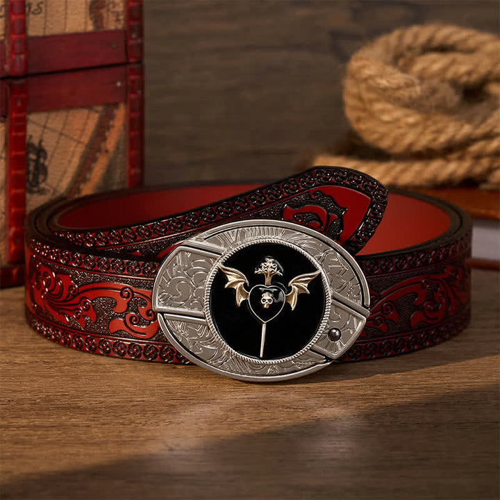 Ceinture en cuir avec boucle de couteau pliant caché à motif de crâne et d'aile de chauve-souris, d'amour sombre et de crâne, à faire soi-même - Amour sombre - Ceinture sculptée marron - 42 - image 6
