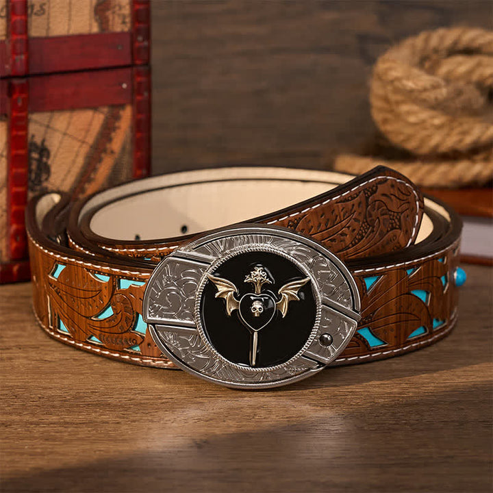Ceinture en cuir avec boucle de couteau pliant caché à motif de crâne et d'aile de chauve-souris, d'amour sombre et de crâne, à faire soi-même - Amour sombre - Ceinture turquoise sculptée - 42 - image 3