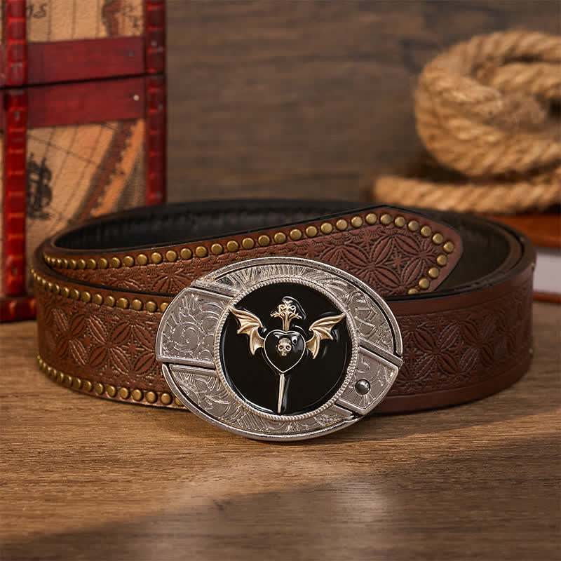 Ceinture en cuir avec boucle de couteau pliant caché à motif de crâne et d'aile de chauve-souris, d'amour sombre et de crâne, à faire soi-même - Amour sombre - Ceinture à rivets marron - 42 - image 4
