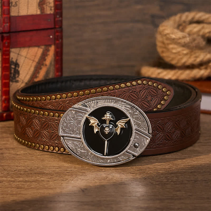 Ceinture en cuir avec boucle de couteau pliant caché à motif de crâne et d'aile de chauve-souris, d'amour sombre et de crâne, à faire soi-même - Amour sombre - Ceinture à rivets marron - 42 - image 4