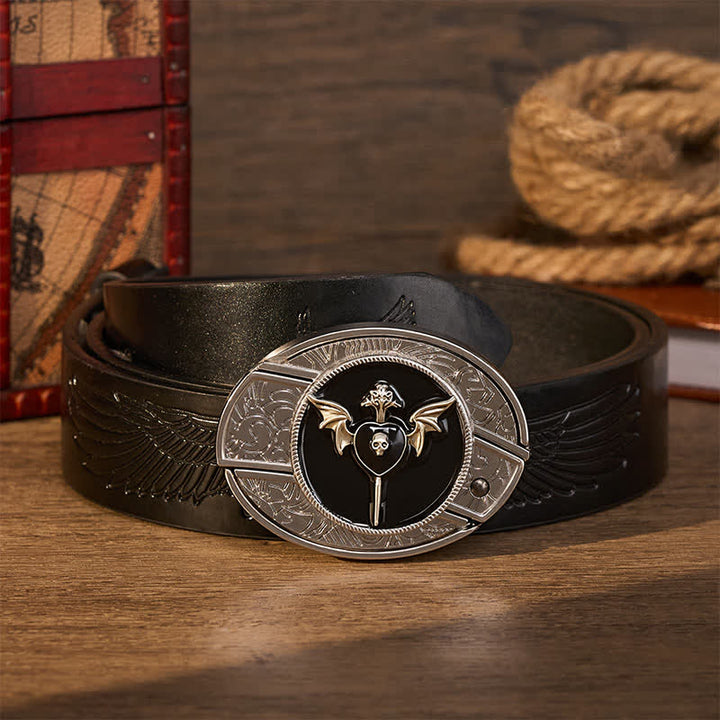 Ceinture en cuir avec boucle de couteau pliant caché à motif de crâne et d'aile de chauve-souris, d'amour sombre et de crâne, à faire soi-même - Amour sombre - Ceinture noire à motif aigle en relief - 42 - image 2