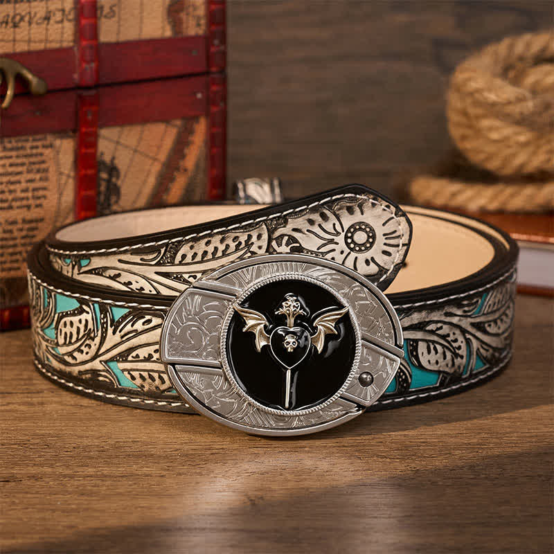 Ceinture en cuir avec boucle de couteau pliant caché à motif de crâne et d'aile de chauve-souris, d'amour sombre et de crâne, à faire soi-même - Amour sombre - Ceinture à fleurs grises - 42 - image 8