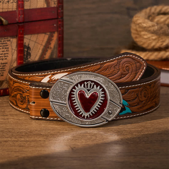 Ceinture en cuir avec boucle de couteau pliant caché à faire soi-même, motif cœur couronné rouge - Cœur à couronne rouge - Ceinture de plumes brunes - 40 - image 7