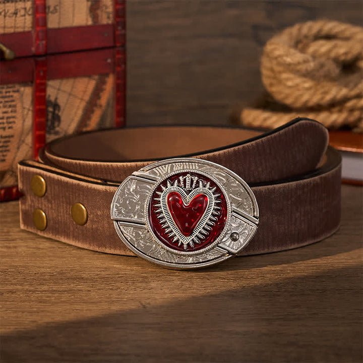 Ceinture en cuir avec boucle de couteau pliant caché à faire soi-même, motif cœur couronné rouge - Cœur à couronne rouge - Ceinture marron vieillie - 42 - image 5