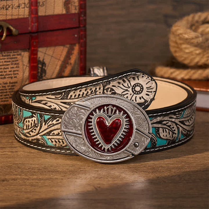 Ceinture en cuir avec boucle de couteau pliant caché à faire soi-même, motif cœur couronné rouge - Cœur à couronne rouge - Ceinture à fleurs grises - 42 - image 8