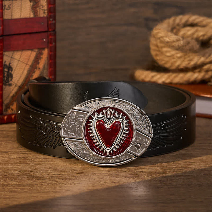 Ceinture en cuir avec boucle de couteau pliant caché à faire soi-même, motif cœur couronné rouge - Cœur à couronne rouge - Ceinture noire à motif aigle en relief - 42 - image 2