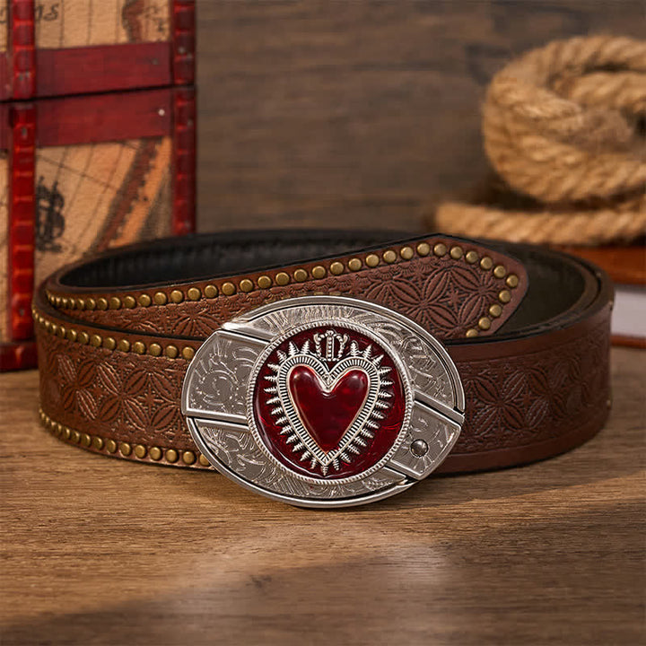 Ceinture en cuir avec boucle de couteau pliant caché à faire soi-même, motif cœur couronné rouge - Cœur à couronne rouge - Ceinture à rivets marron - 42 - image 4