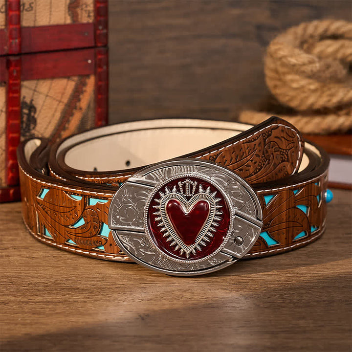 Ceinture en cuir avec boucle de couteau pliant caché à faire soi-même, motif cœur couronné rouge - Cœur à couronne rouge - Ceinture turquoise sculptée - 42 - image 3