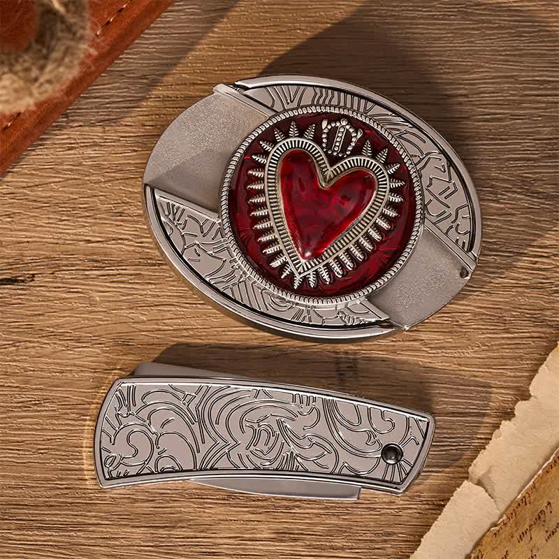Ceinture en cuir avec boucle de couteau pliant caché à faire soi-même, motif cœur couronné rouge - image 10