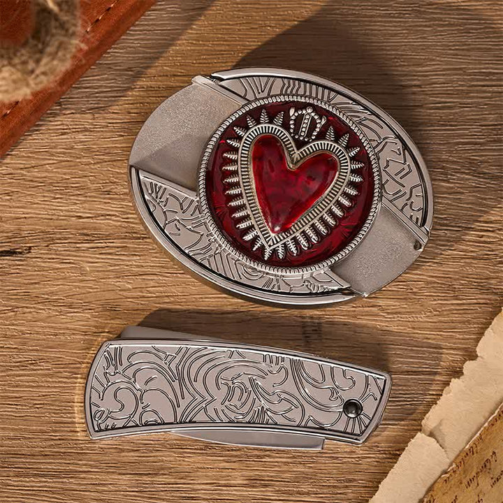 Ceinture en cuir avec boucle de couteau pliant caché à faire soi-même, motif cœur couronné rouge - image 10