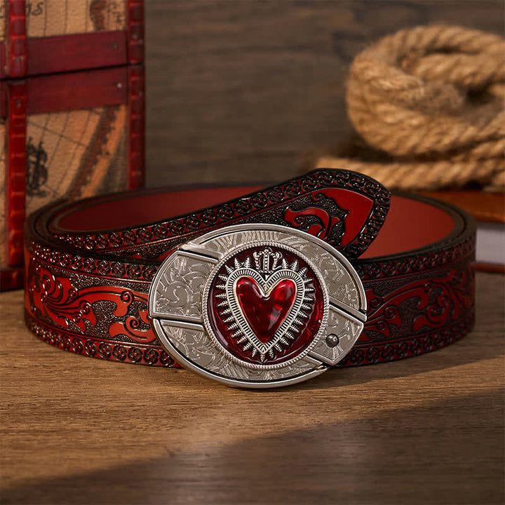 Ceinture en cuir avec boucle de couteau pliant caché à faire soi-même, motif cœur couronné rouge - Cœur à couronne rouge - Ceinture sculptée marron - 42 - image 6