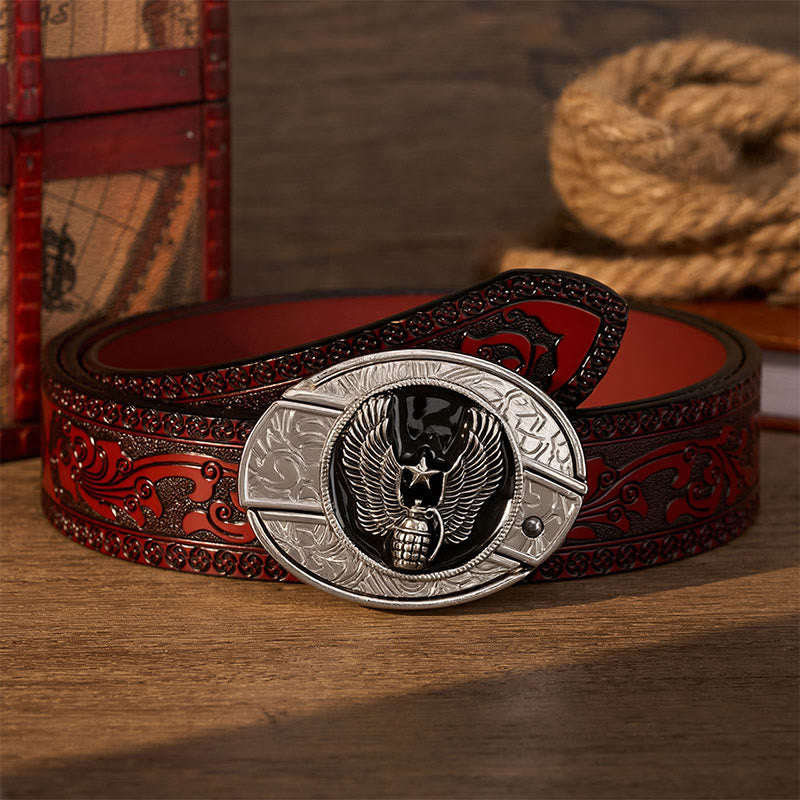 Ceinture en cuir avec boucle de couteau pliant dissimulé, motif grenade étoile ailée à faire soi-même - Grenade à étoile ailée - Ceinture sculptée marron - 42 - image 6