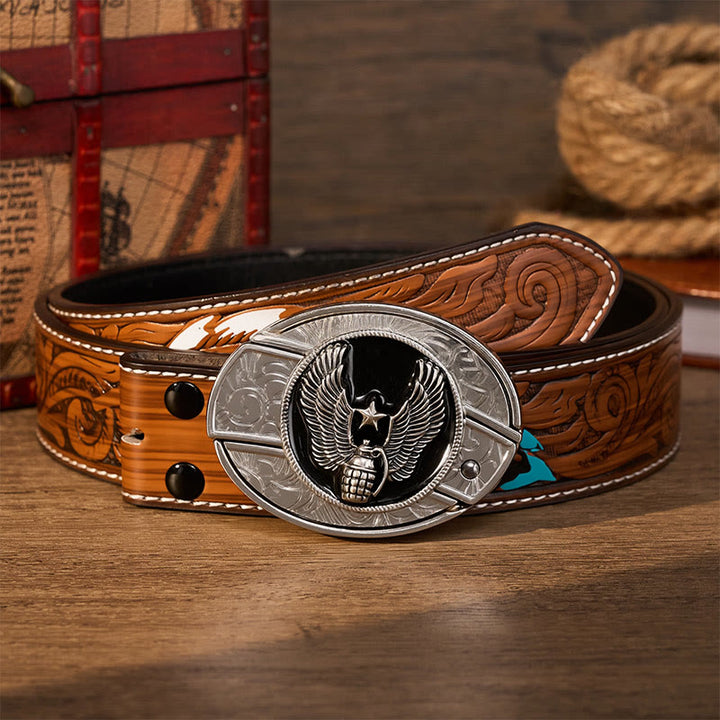 Ceinture en cuir avec boucle de couteau pliant dissimulé, motif grenade étoile ailée à faire soi-même - Grenade à étoile ailée - Ceinture de plumes brunes - 40 - image 7