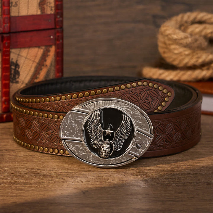 Ceinture en cuir avec boucle de couteau pliant dissimulé, motif grenade étoile ailée à faire soi-même - Grenade à étoile ailée - Ceinture à rivets marron - 42 - image 4