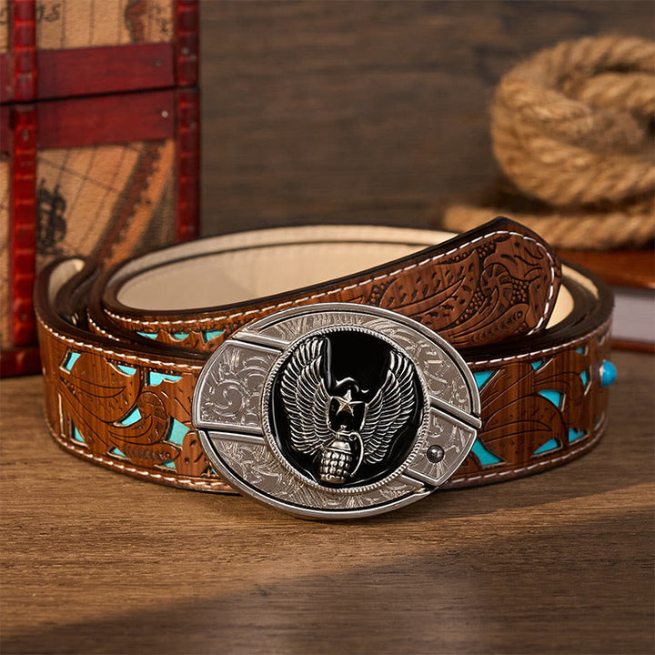 Ceinture en cuir avec boucle de couteau pliant dissimulé, motif grenade étoile ailée à faire soi-même - Grenade à étoile ailée - Ceinture turquoise sculptée - 42 - image 3