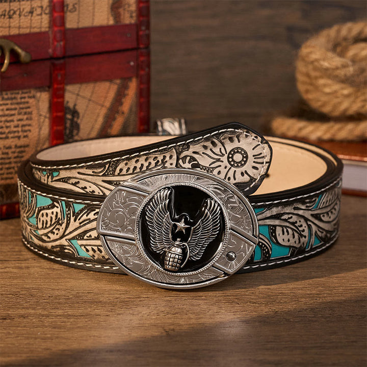 Ceinture en cuir avec boucle de couteau pliant dissimulé, motif grenade étoile ailée à faire soi-même - Grenade à étoile ailée - Ceinture à fleurs grises - 42 - image 8