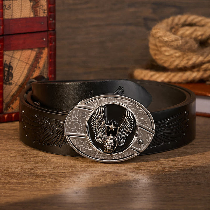 Ceinture en cuir avec boucle de couteau pliant dissimulé, motif grenade étoile ailée à faire soi-même - Grenade à étoile ailée - Ceinture noire à motif aigle en relief - 42 - image 2