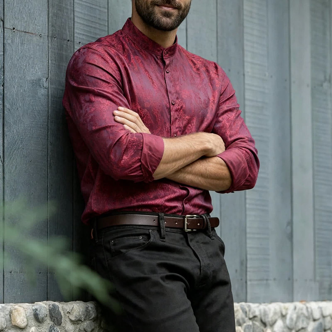 Chemise à manches longues pour homme, en satin jacquard foncé rose, col montant - Bourgogne - 2XL - image 0
