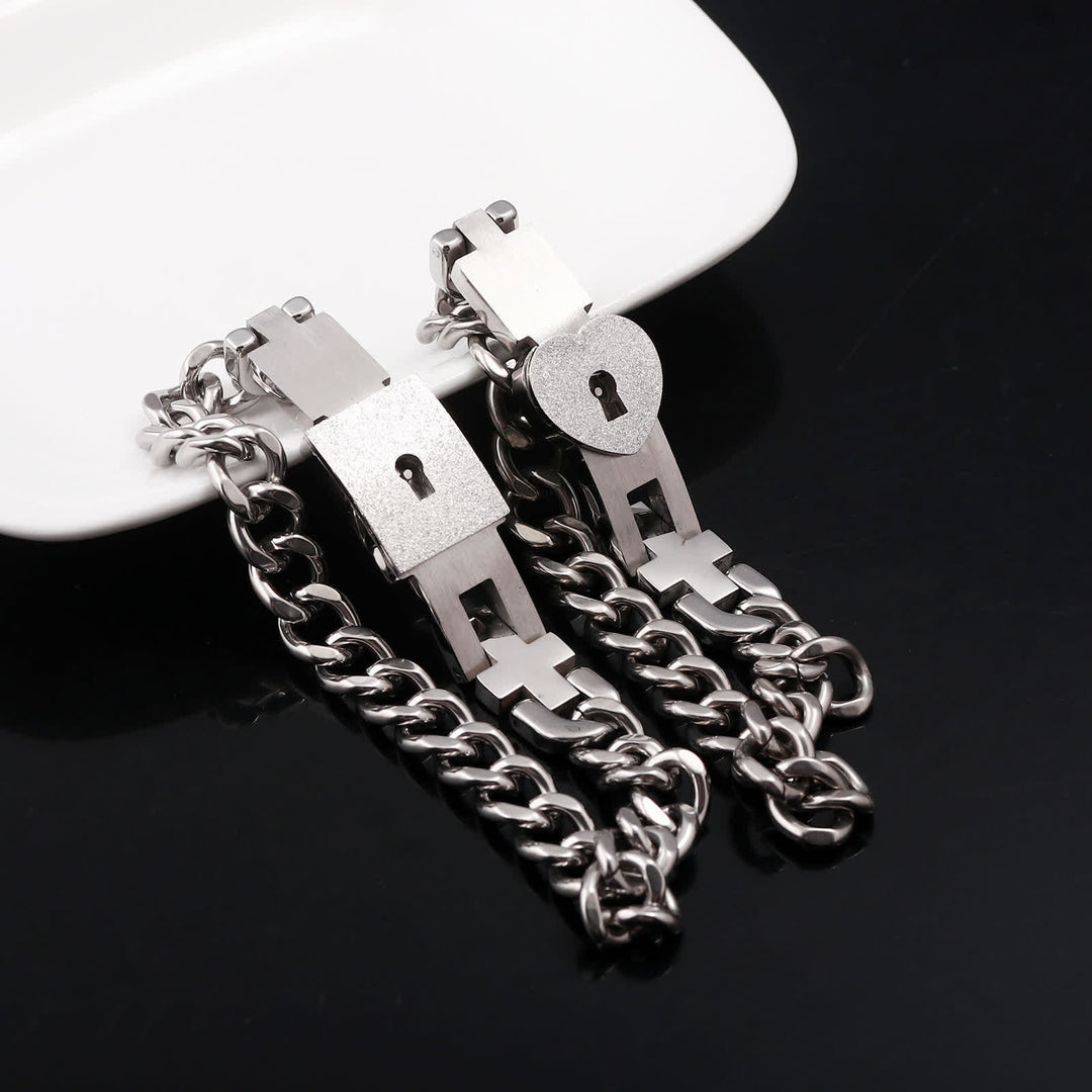 Ensemble de 2 bracelets de couple assortis avec cadenas en forme de cœur et clé - Argent - image 0