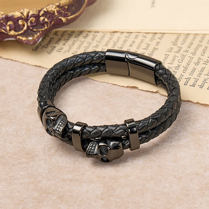 Bracelet gothique en cuir véritable tressé à double tête de mort - image 2