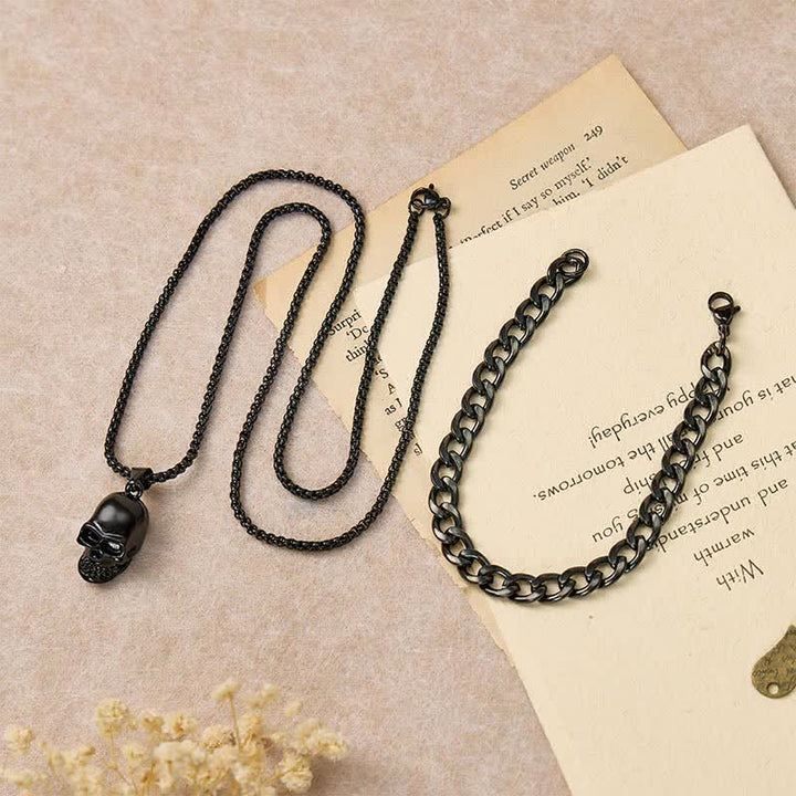 Ensemble collier et bracelet cubain noirs à motif tête de mort (2 pièces) pour homme - image 1