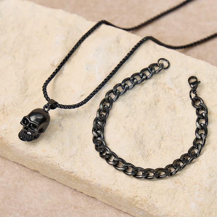 Ensemble collier et bracelet cubain noirs à motif tête de mort (2 pièces) pour homme - Noir - image 0