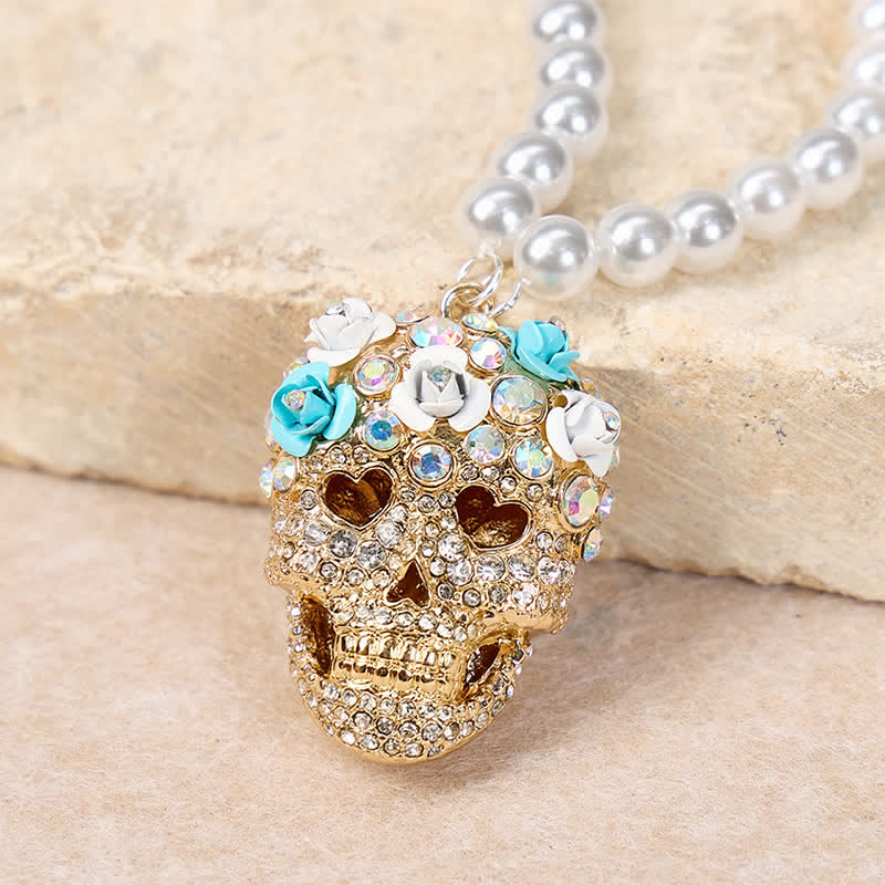Collier de perles en cristal et strass à motif floral et tête de mort mexicaine - Or - image 0