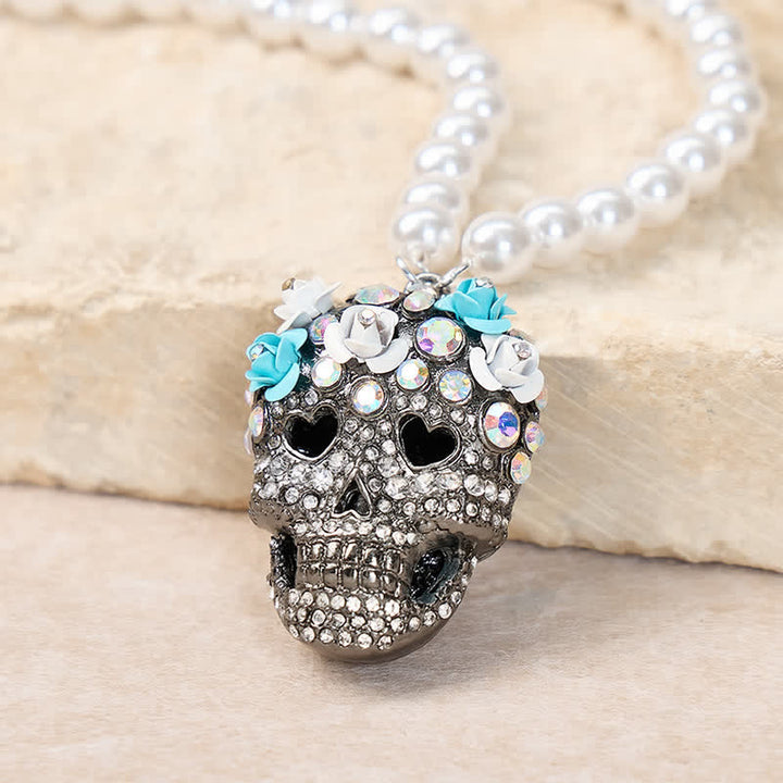 Collier de perles en cristal et strass à motif floral et tête de mort mexicaine - Noir - image 4