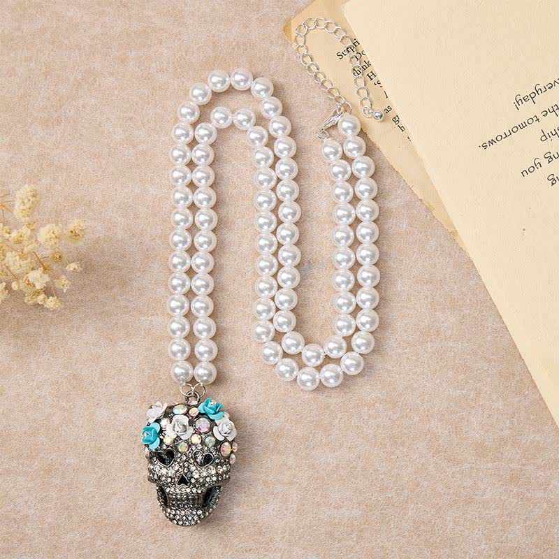 Collier de perles en cristal et strass à motif floral et tête de mort mexicaine - image 5