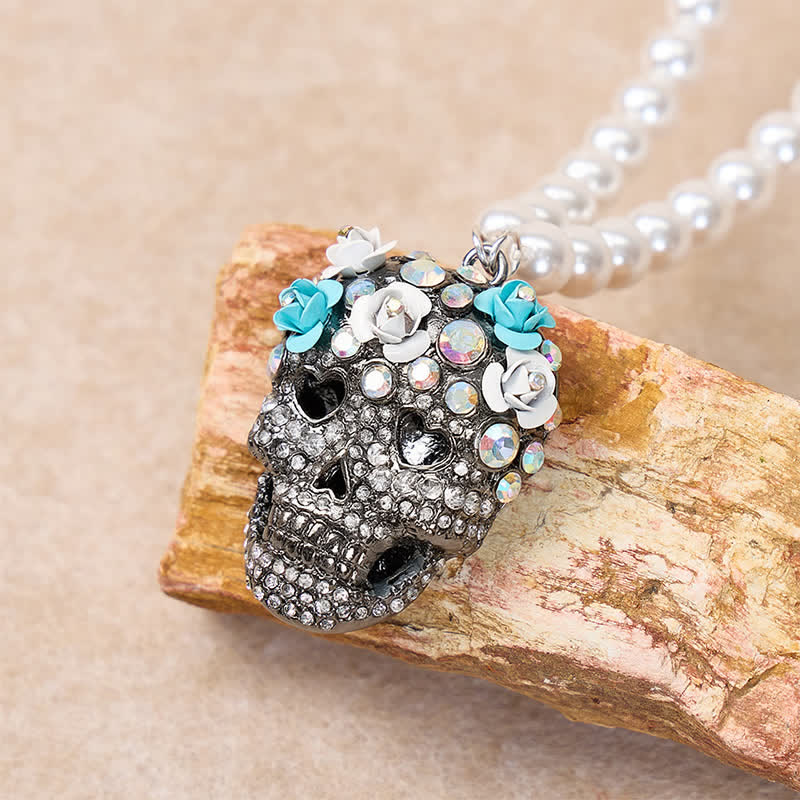 Collier de perles en cristal et strass à motif floral et tête de mort mexicaine - image 6