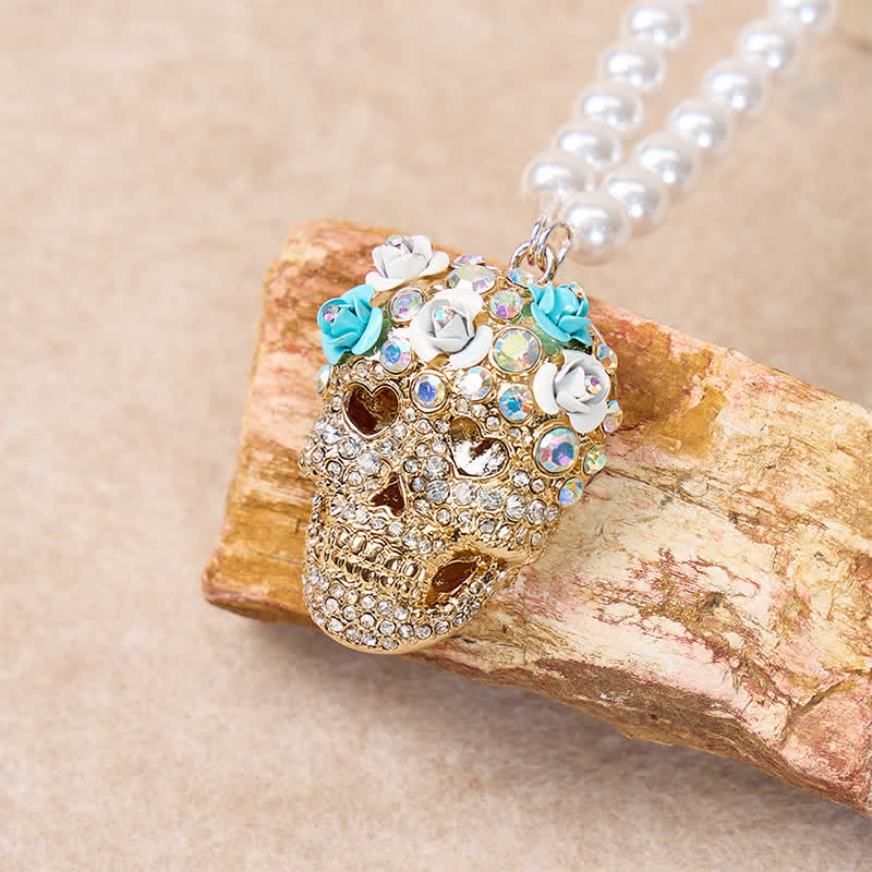 Collier de perles en cristal et strass à motif floral et tête de mort mexicaine - image 3