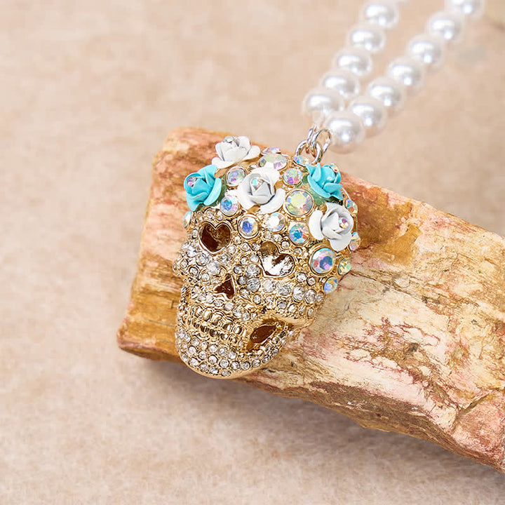 Collier de perles en cristal et strass à motif floral et tête de mort mexicaine - image 3