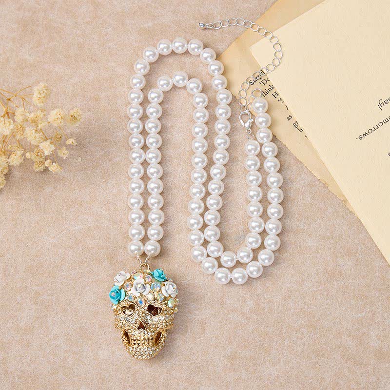Collier de perles en cristal et strass à motif floral et tête de mort mexicaine - image 2